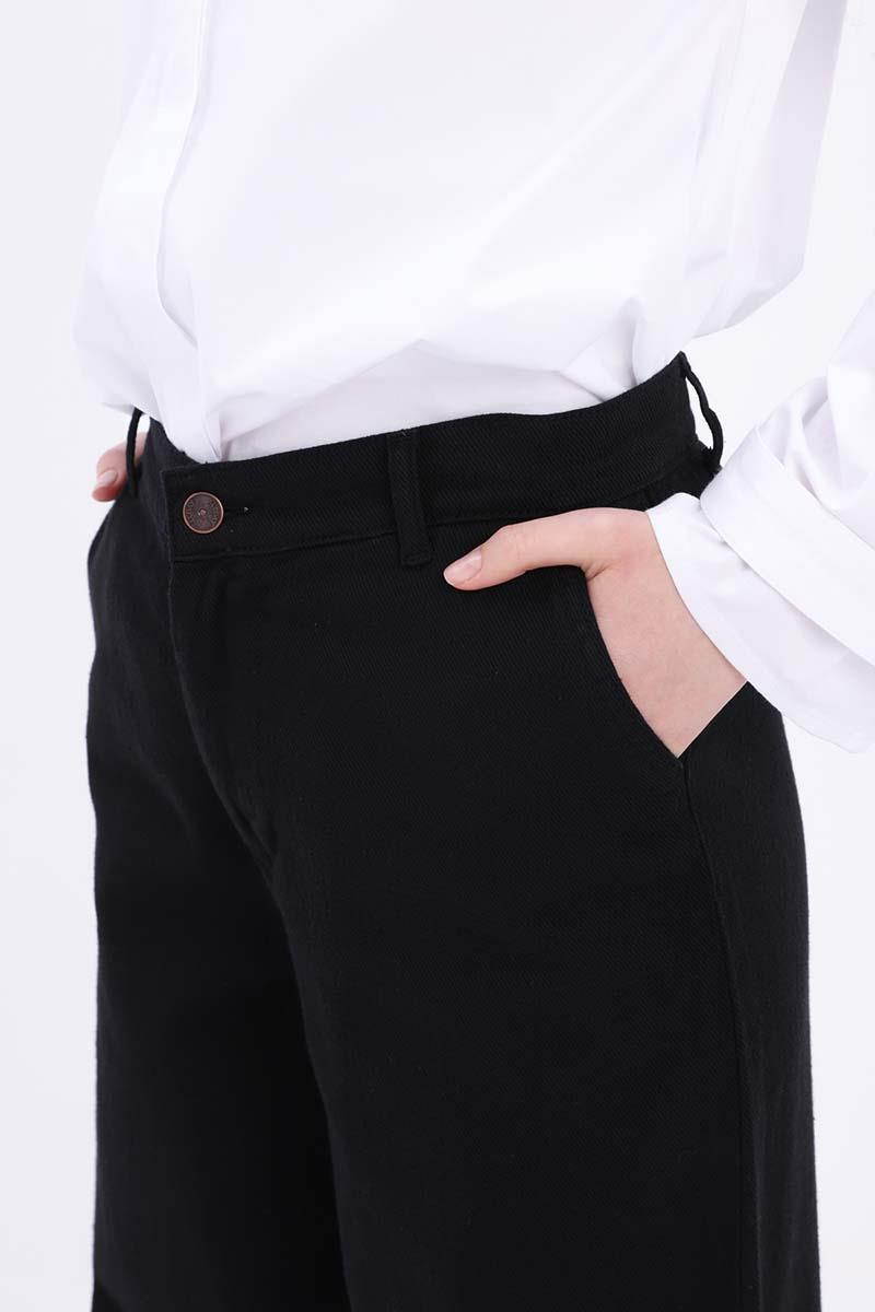 Siyah-%100 Pamuklu Bol Paça Pantolon