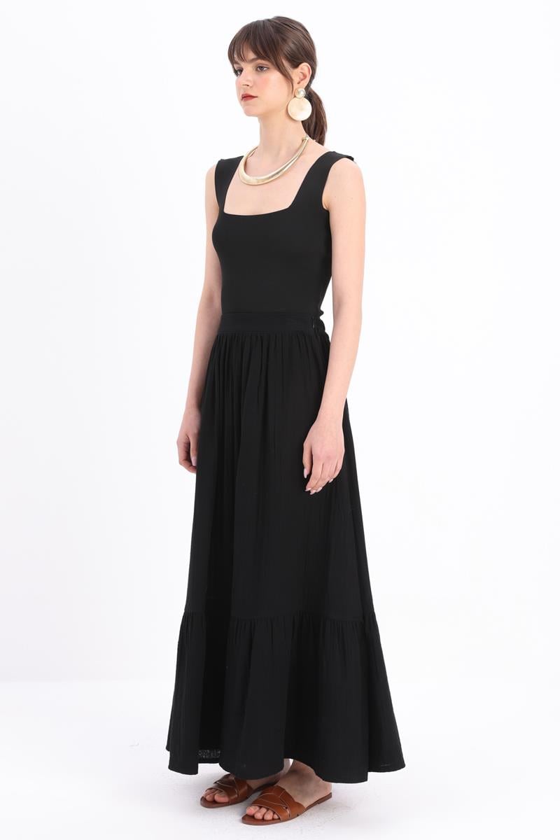 Black-100% Cotton Flared Skirt