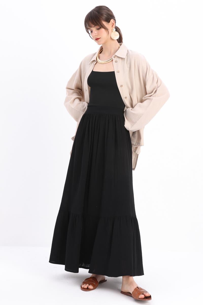 Black-100% Cotton Flared Skirt