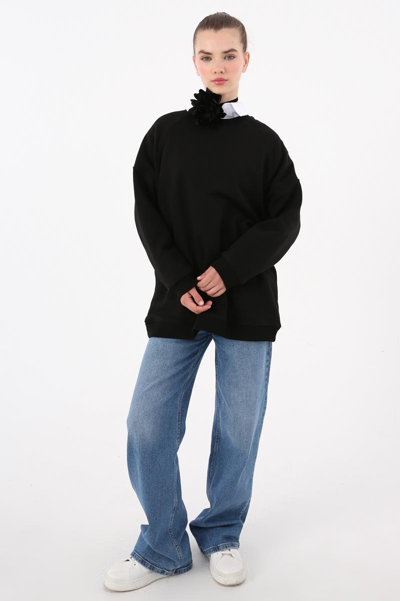 Siyah-3 İplik Oversize Basic Sweatshirt