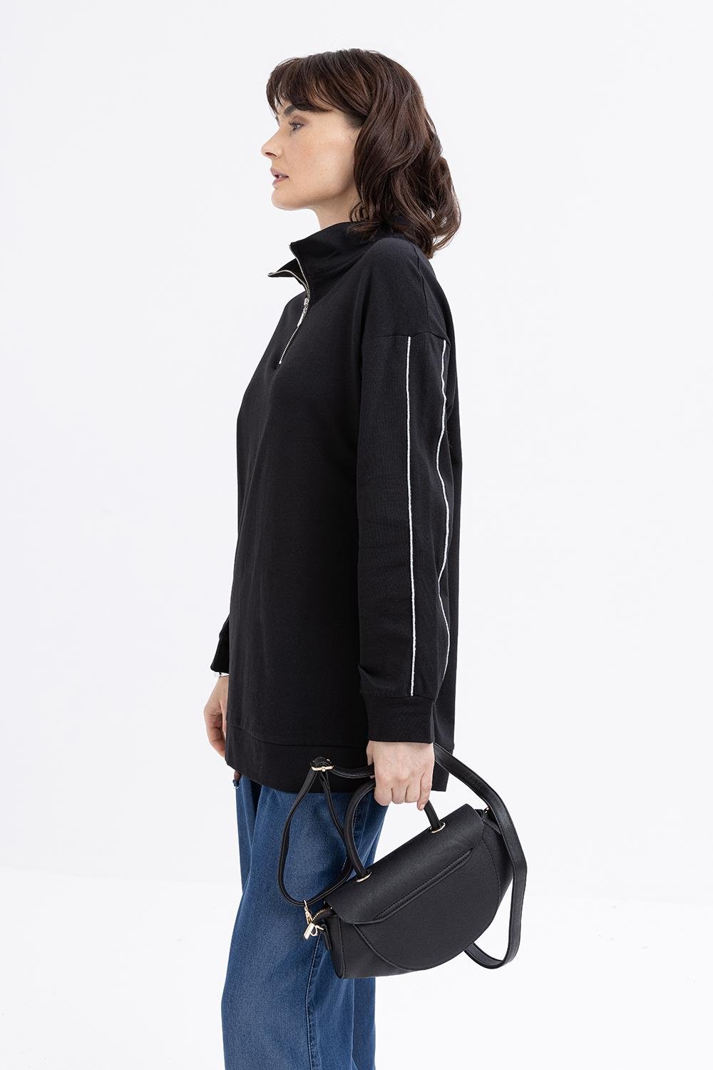Siyah-Arabiyeli Fermuarlı Sweat Tunik