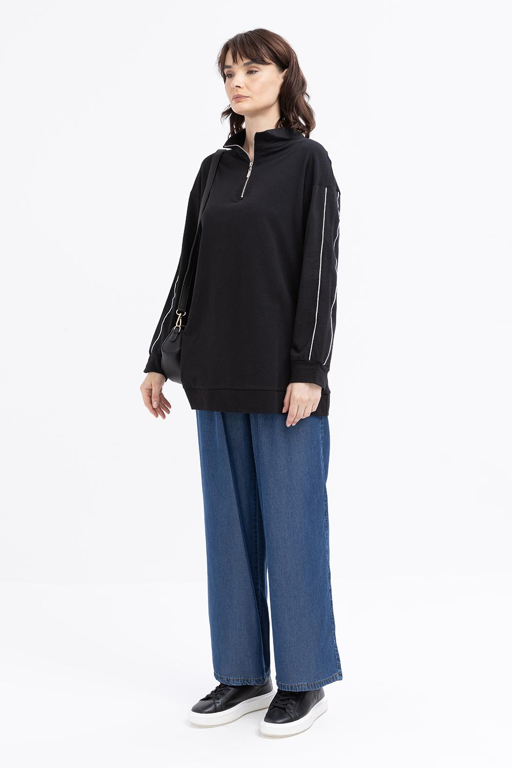 Siyah-Arabiyeli Fermuarlı Sweat Tunik
