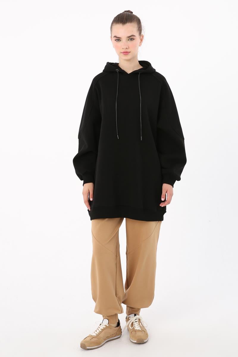 Siyah-Arkası Fermuarlı Kapüşonlu Şardonlu Oversize Sweat Tunik