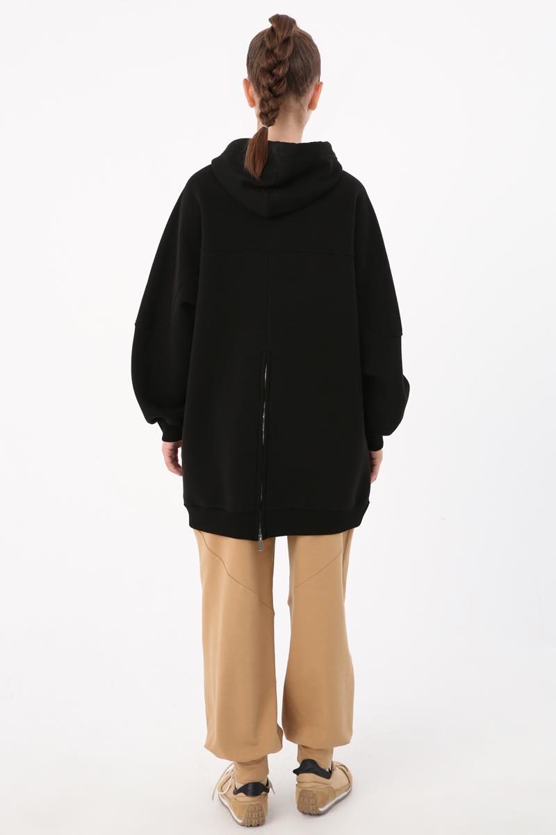 Siyah-Arkası Fermuarlı Kapüşonlu Şardonlu Oversize Sweat Tunik