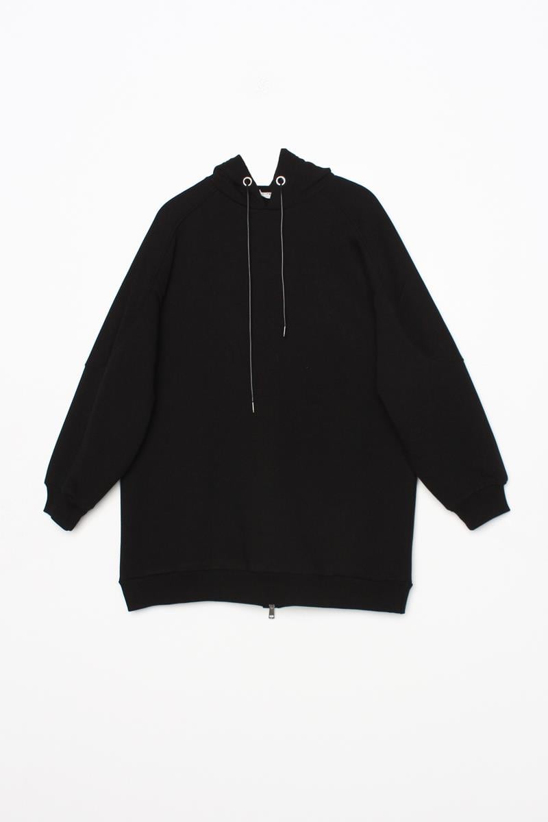 Siyah-Arkası Fermuarlı Kapüşonlu Şardonlu Oversize Sweat Tunik
