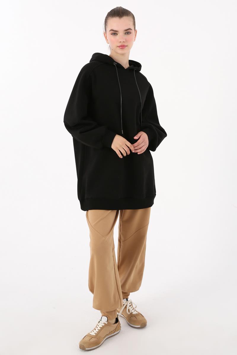 Siyah-Arkası Fermuarlı Kapüşonlu Şardonlu Oversize Sweat Tunik