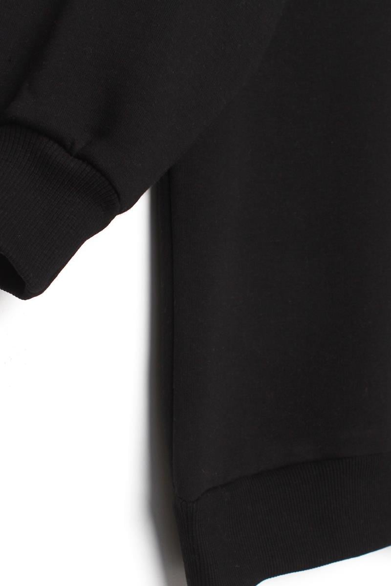 Siyah-Arkası Fermuarlı Kapüşonlu Şardonlu Oversize Sweat Tunik