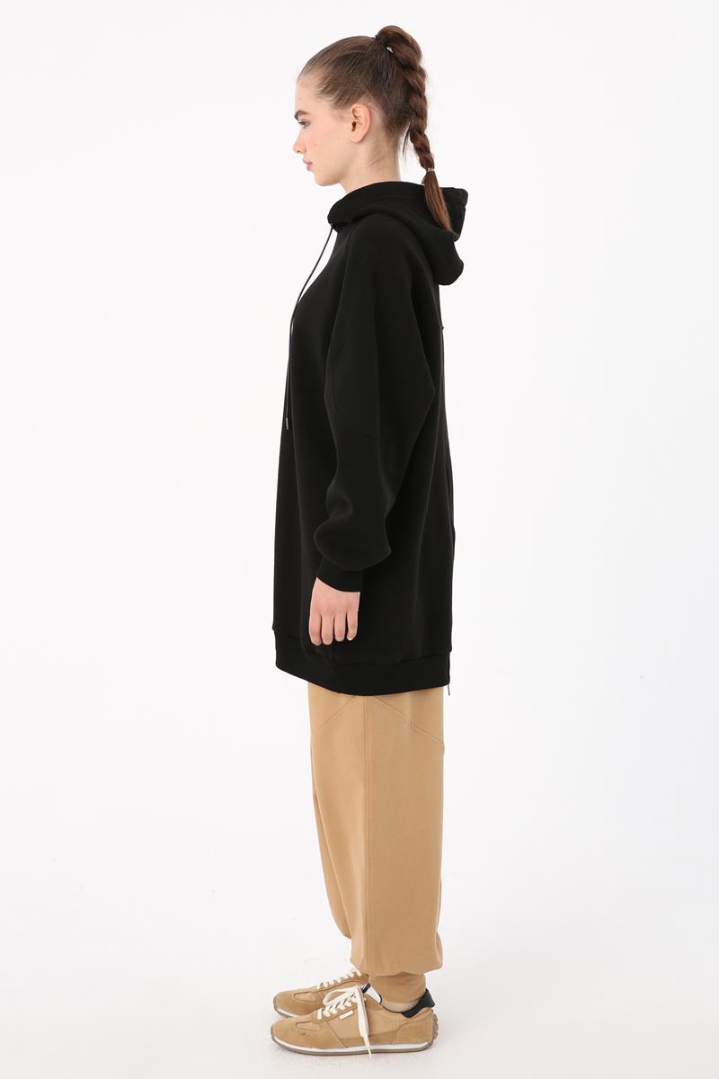 Siyah-Arkası Fermuarlı Kapüşonlu Şardonlu Oversize Sweat Tunik
