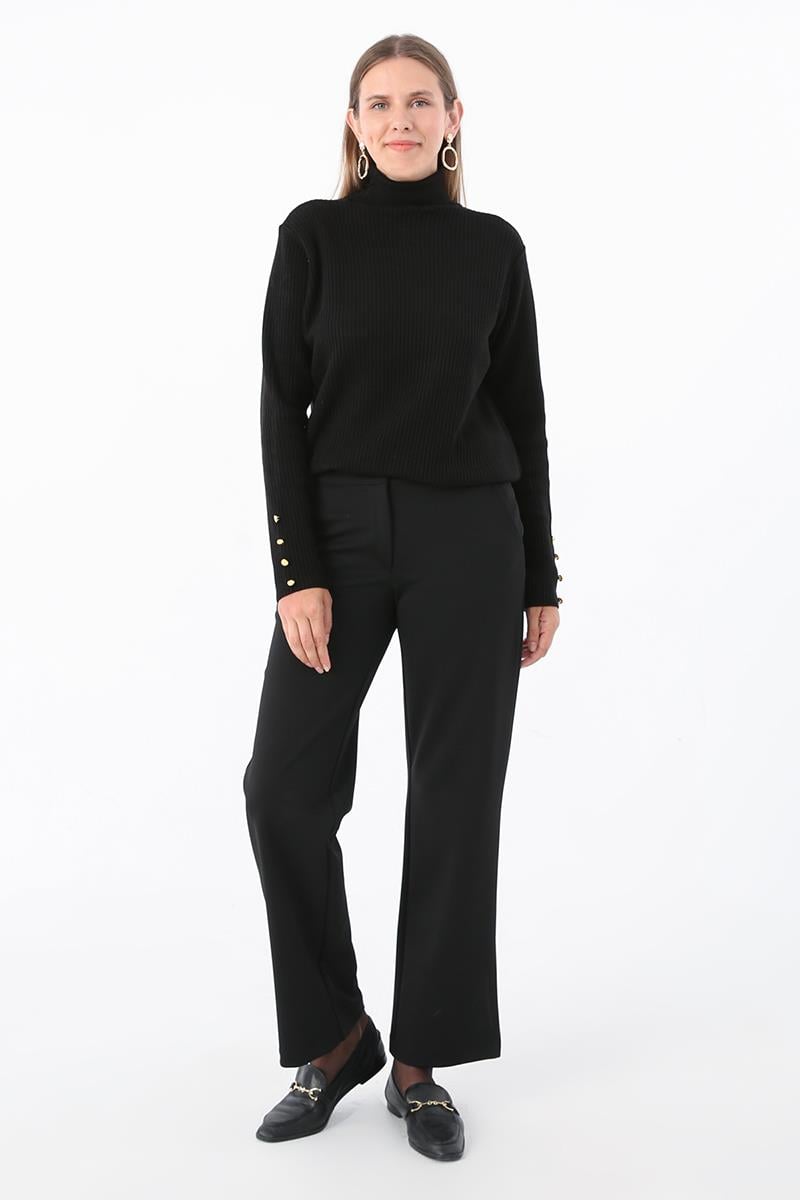 Black-Elastic Back Wide Leg Pocket Trousers