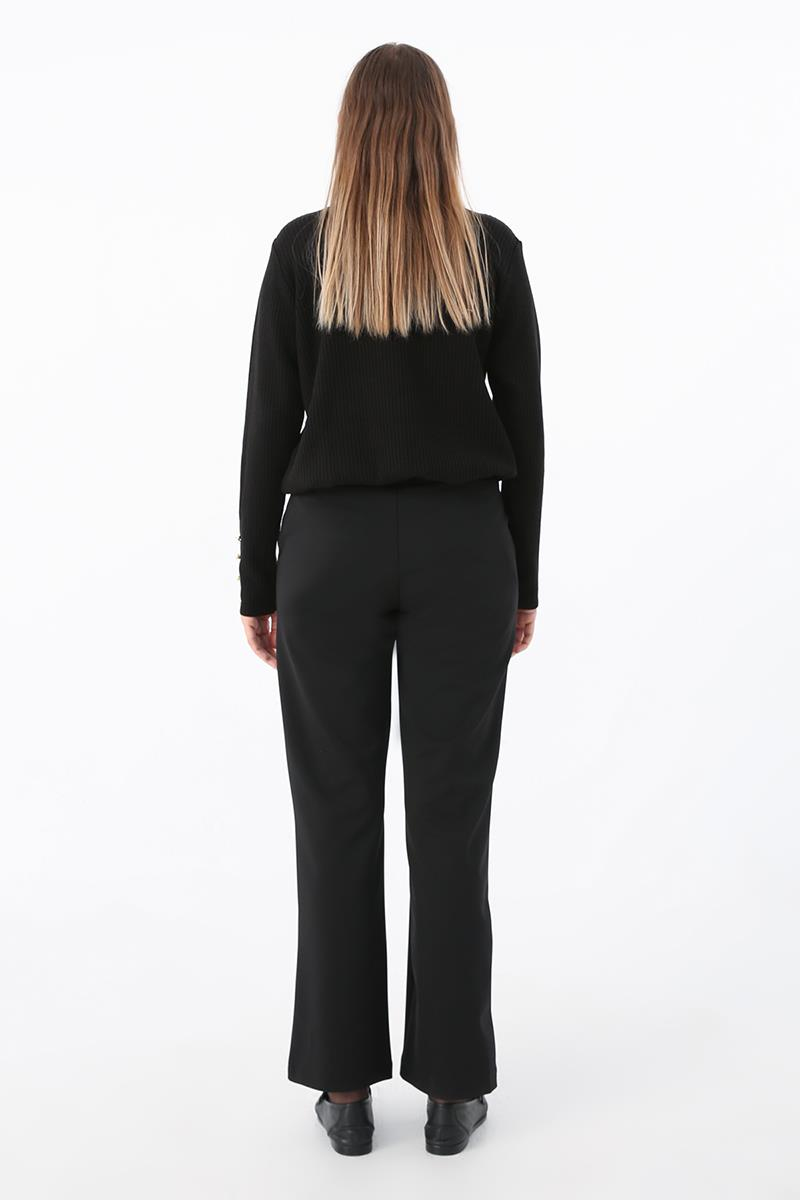 Black-Elastic Back Wide Leg Pocket Trousers