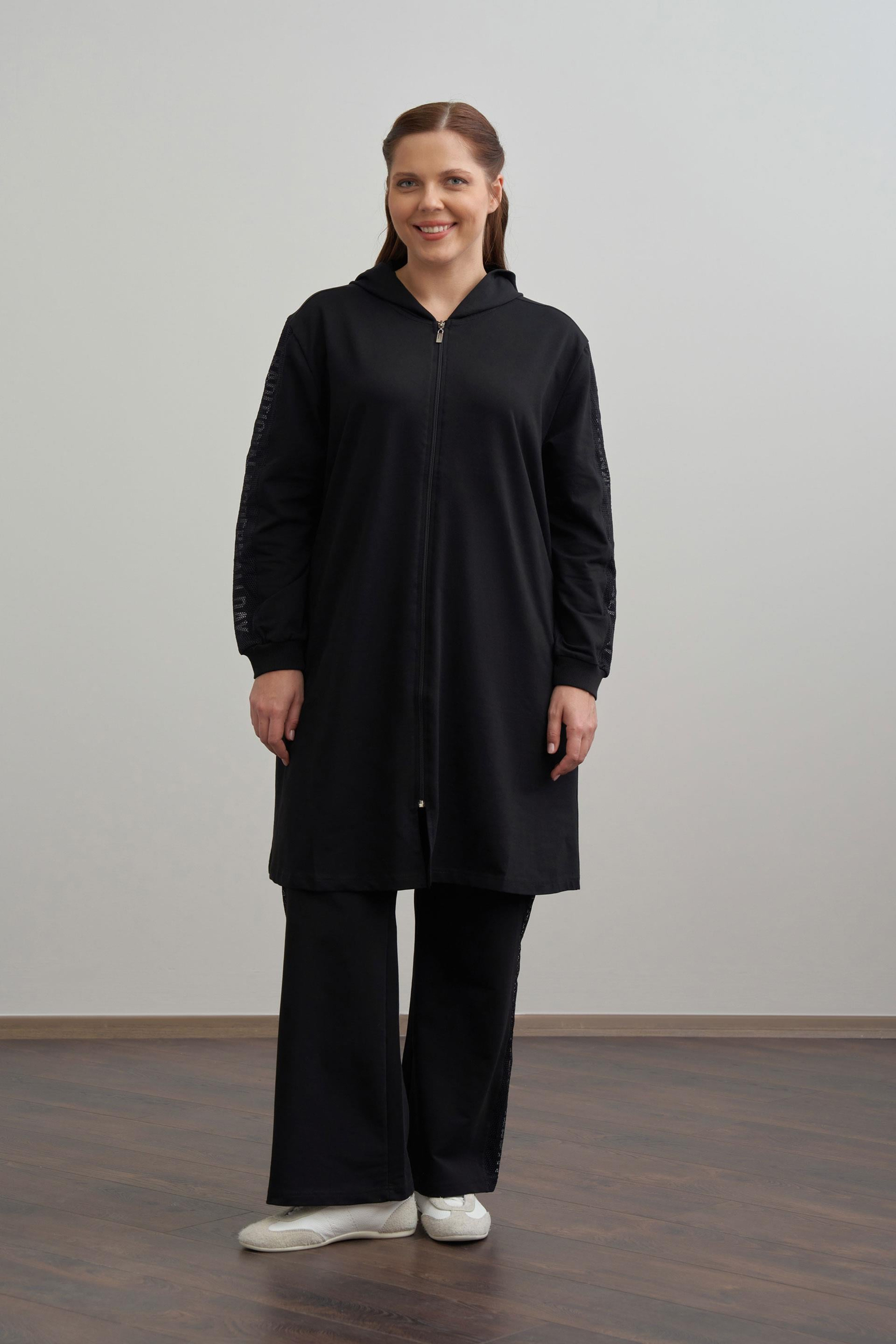 Black-Printed Mesh Tracksuit Set