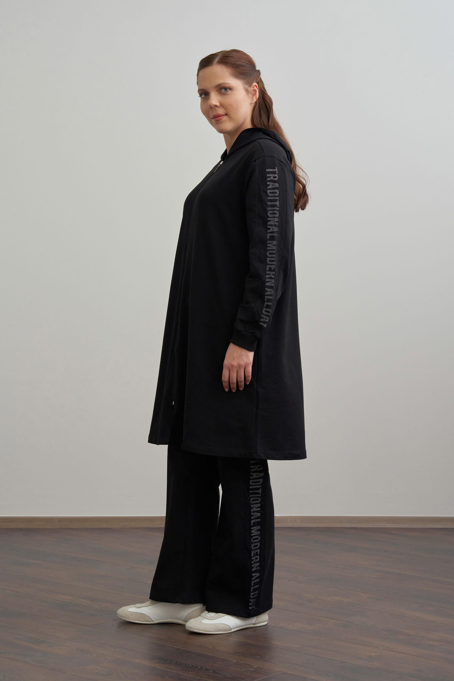 Black-Printed Mesh Tracksuit Set