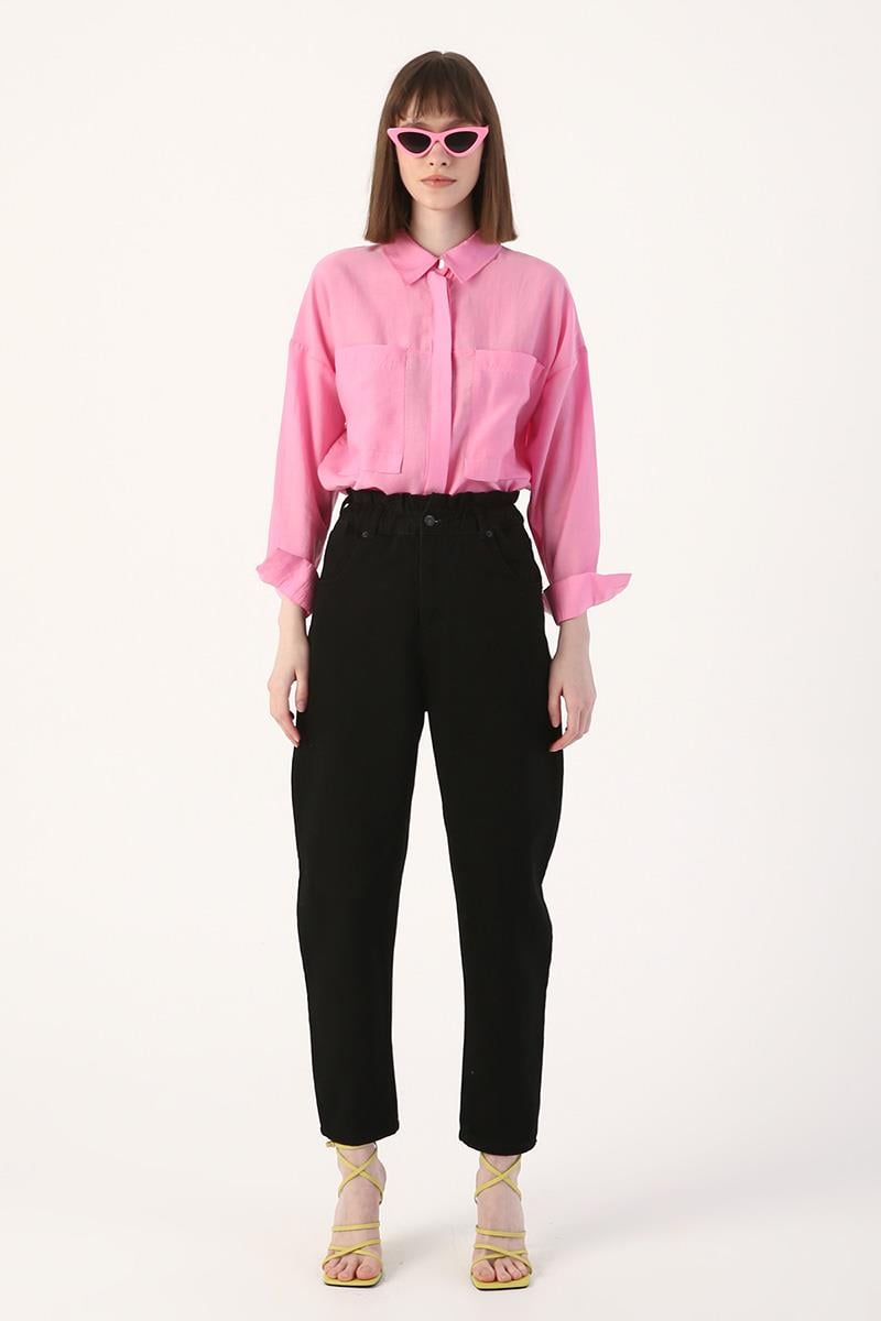 Black-Smocked Waist Slouchy Jean Trousers