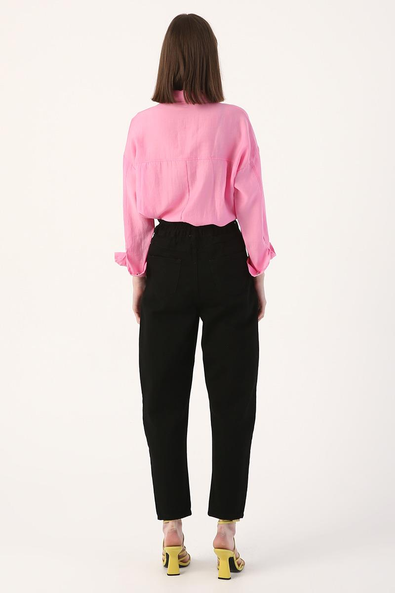Black-Smocked Waist Slouchy Jean Trousers