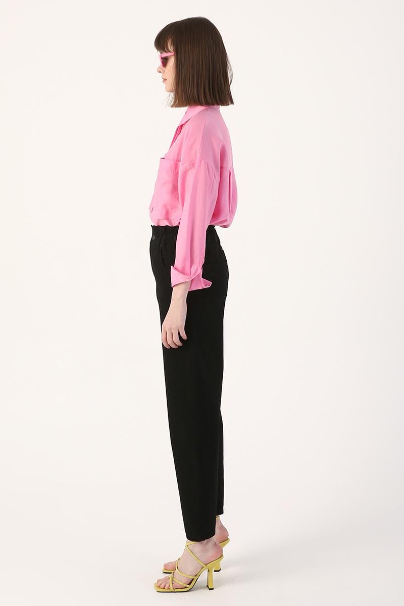 Black-Smocked Waist Slouchy Jean Trousers