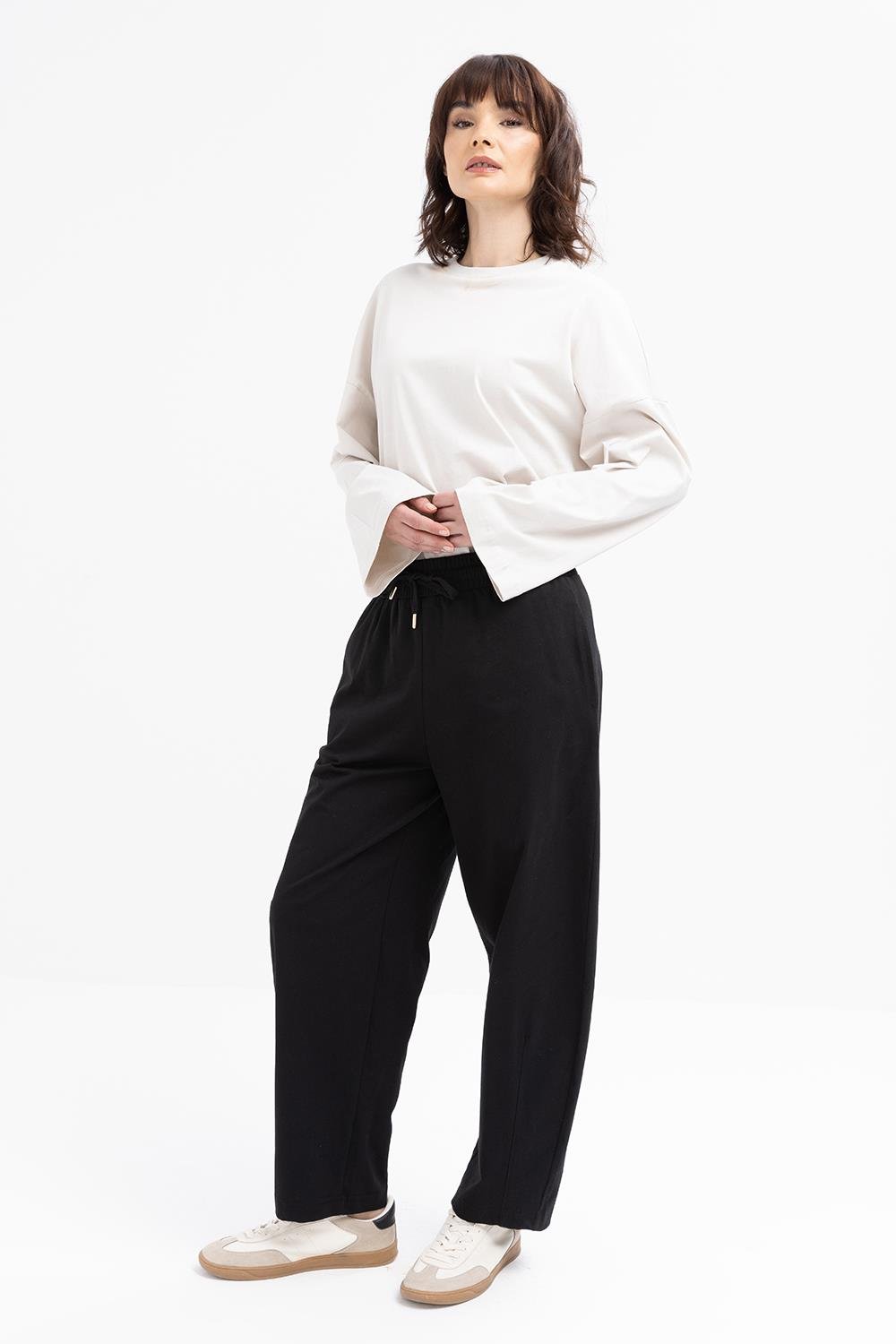 Siyah-Beli Lastikli Slouchy Pantolon