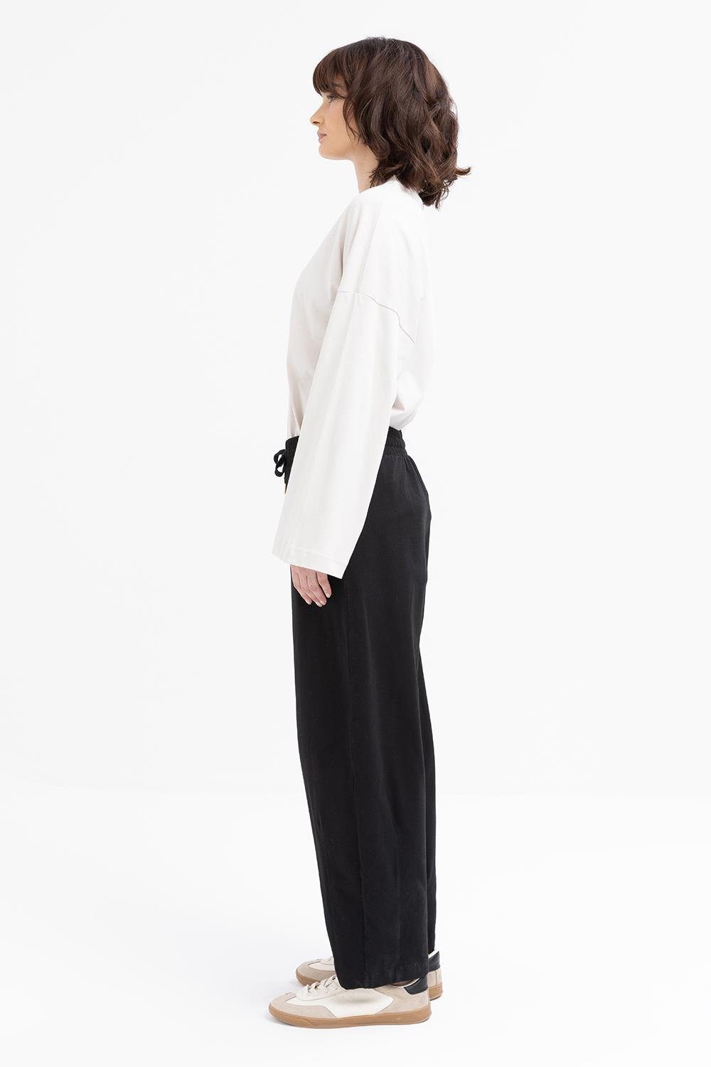 Siyah-Beli Lastikli Slouchy Pantolon