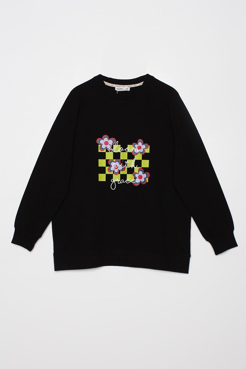 Siyah-Bisiklet Yaka Bloom With Grace Baskılı Sweatshirt