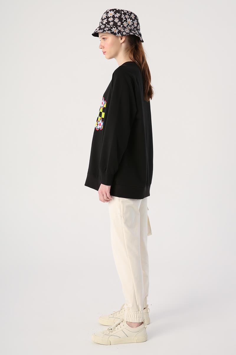 Siyah-Bisiklet Yaka Bloom With Grace Baskılı Sweatshirt