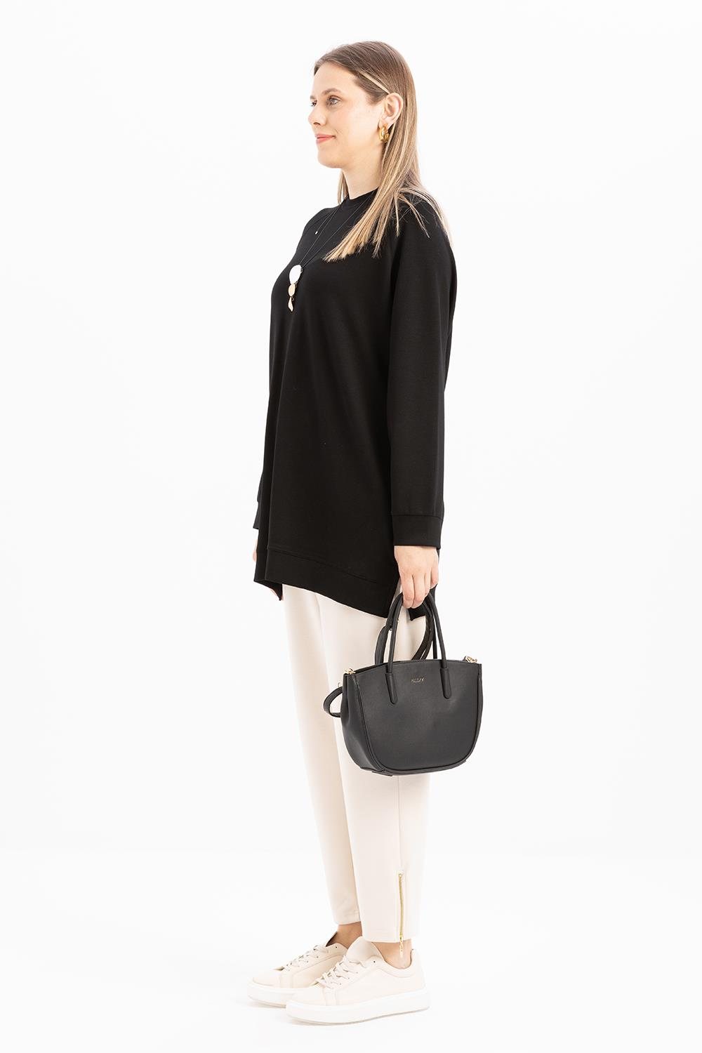 Siyah-Bisiklet Yaka Reglan Kol Sweat