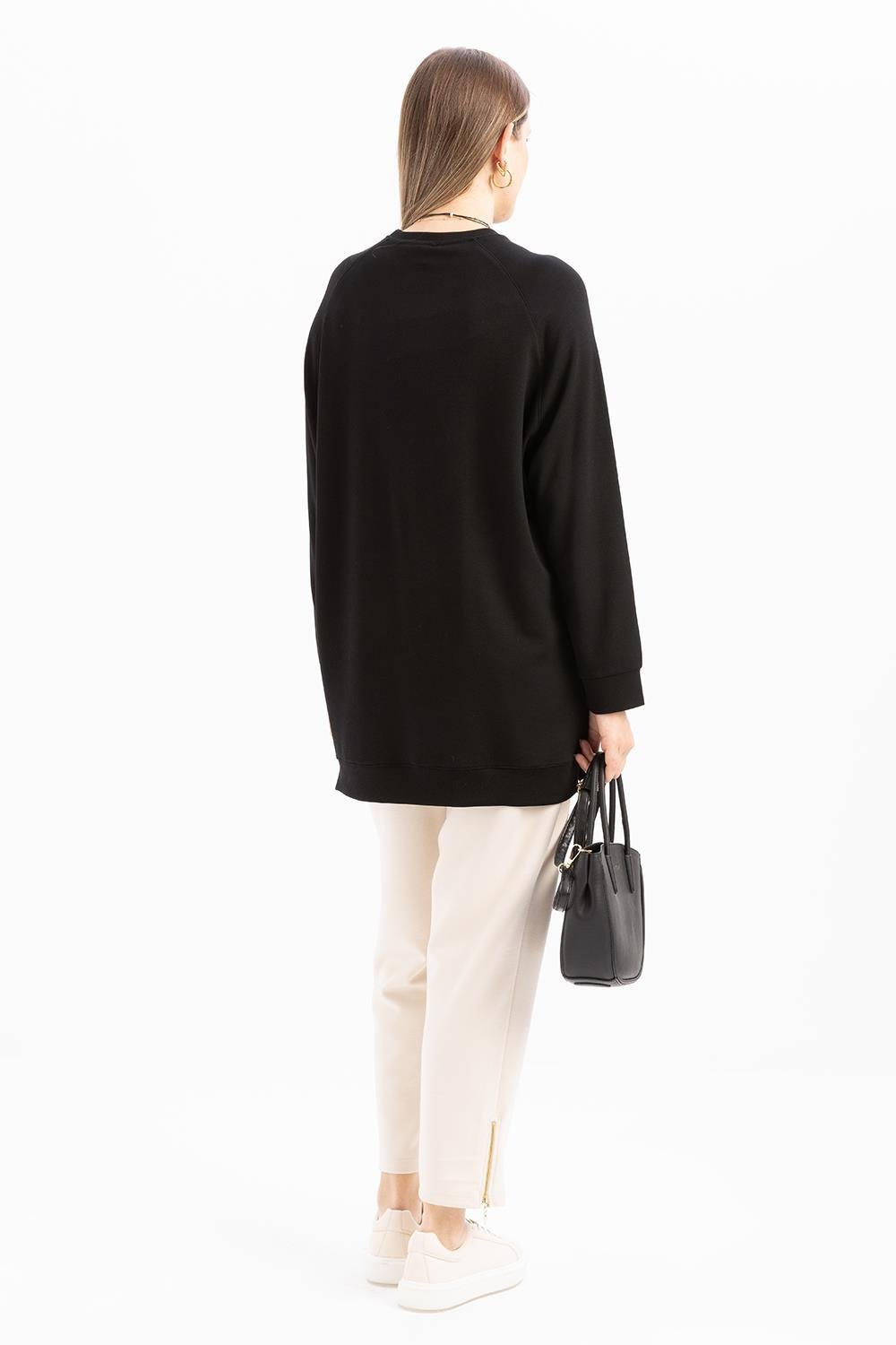 Siyah-Bisiklet Yaka Reglan Kol Sweat