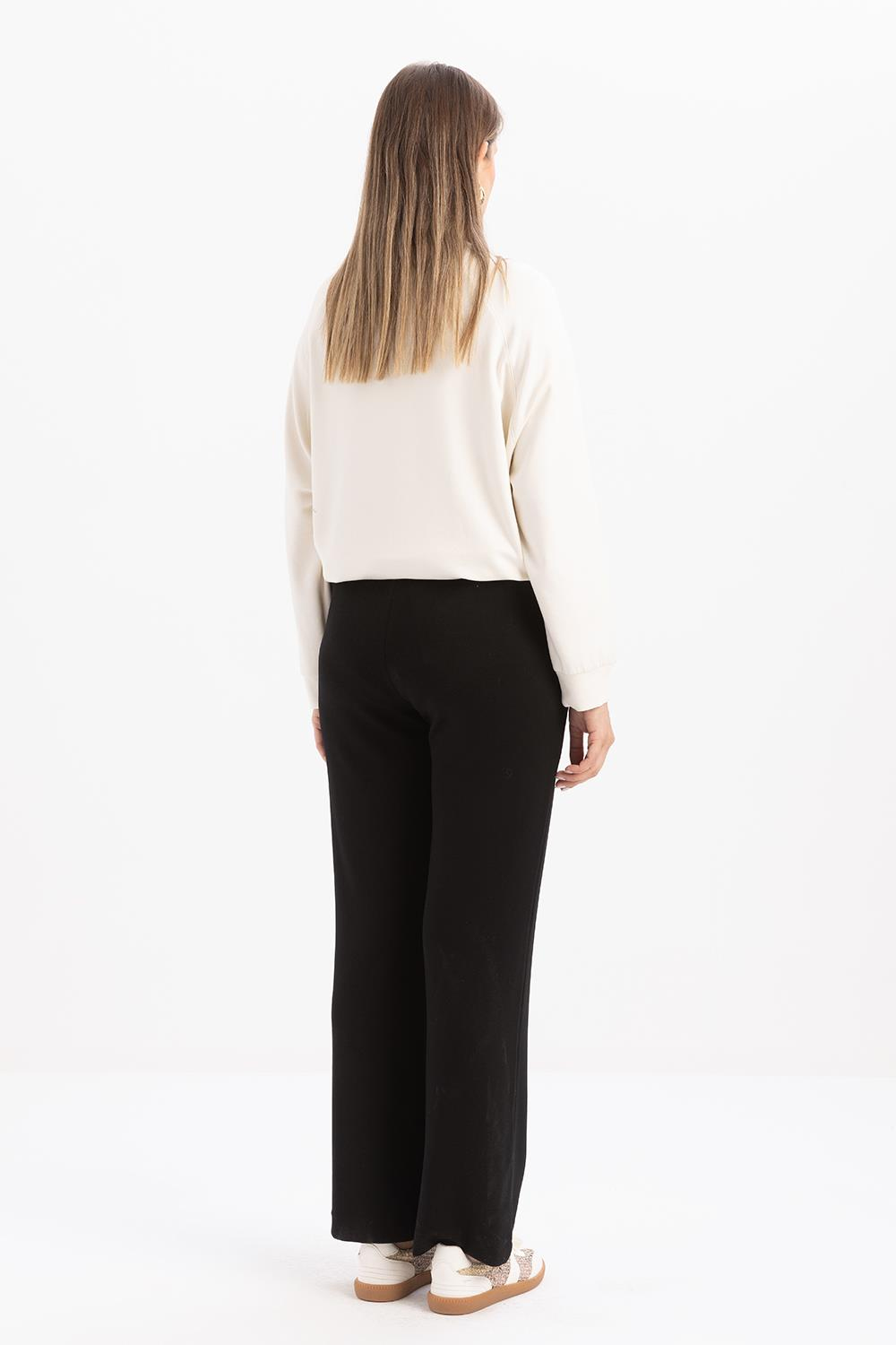 Black-Wide Leg Slit Stretch Knit Trousers