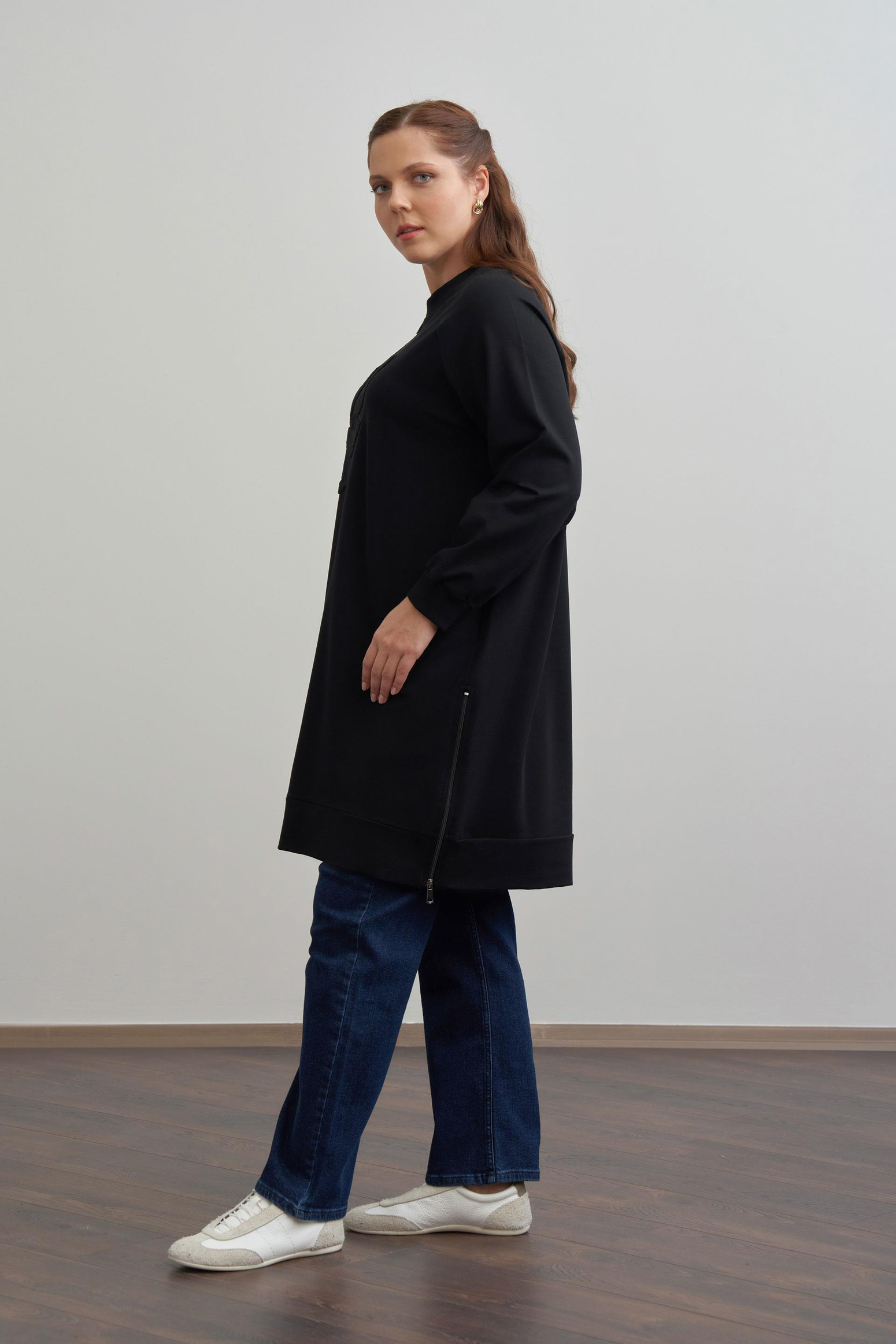 Siyah-Büyük Beden Pamuklu Yaprak Desenli Tunik