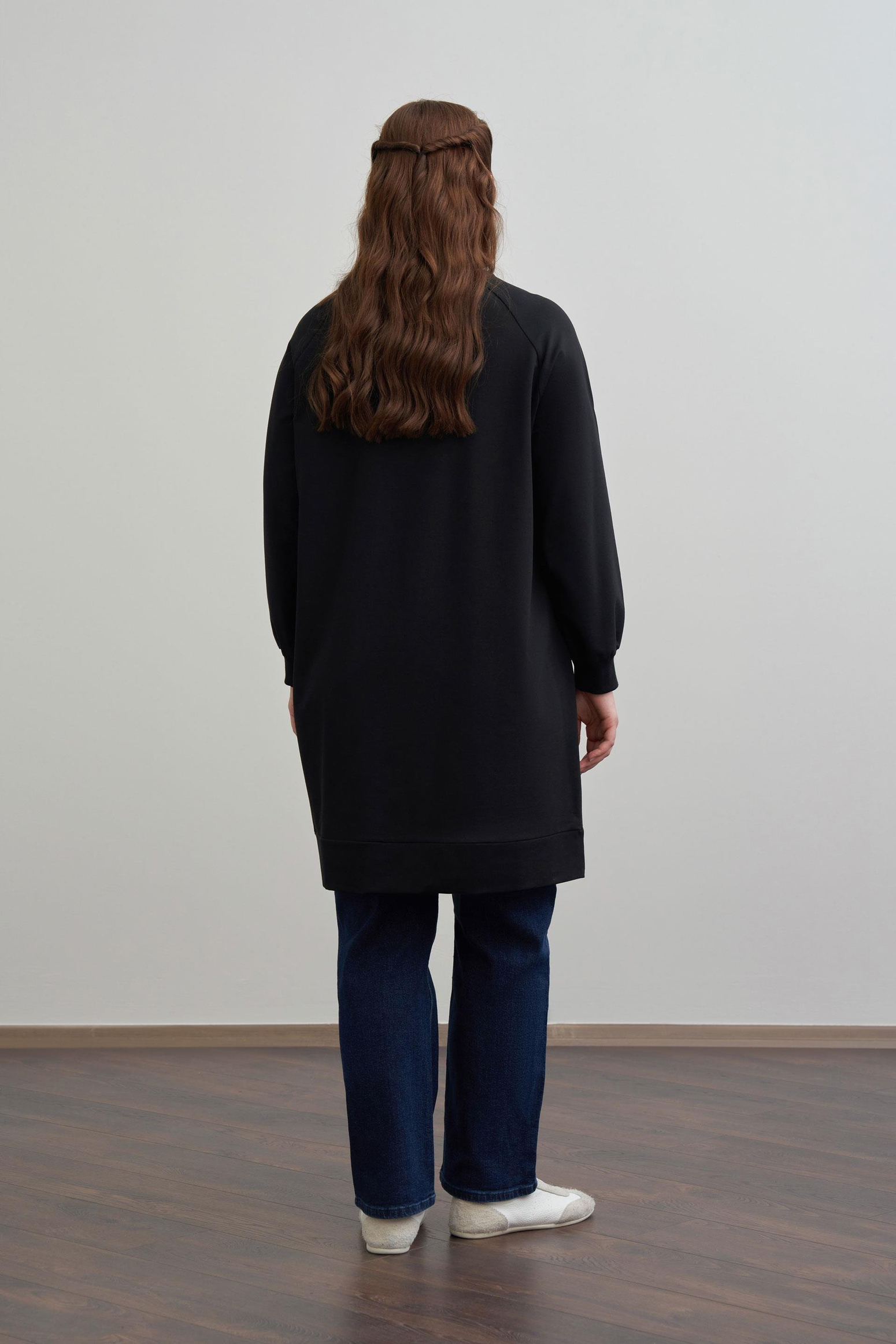 Siyah-Büyük Beden Pamuklu Yaprak Desenli Tunik