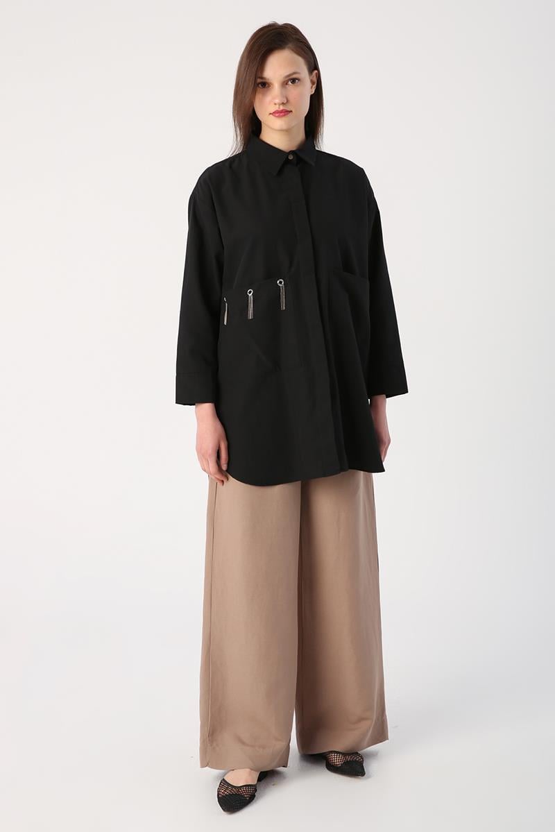 Siyah-Büyük Cepli Kuşgözlü Oversize Gömlek