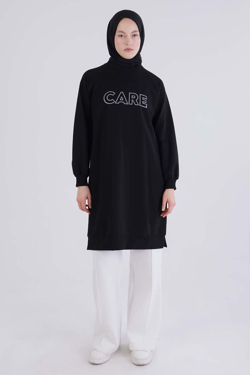 Siyah-Care Nakışlı Örme Sweat Tunik
