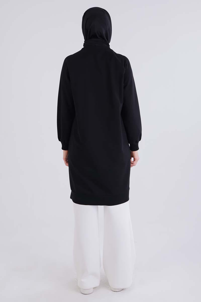 Siyah-Care Nakışlı Örme Sweat Tunik