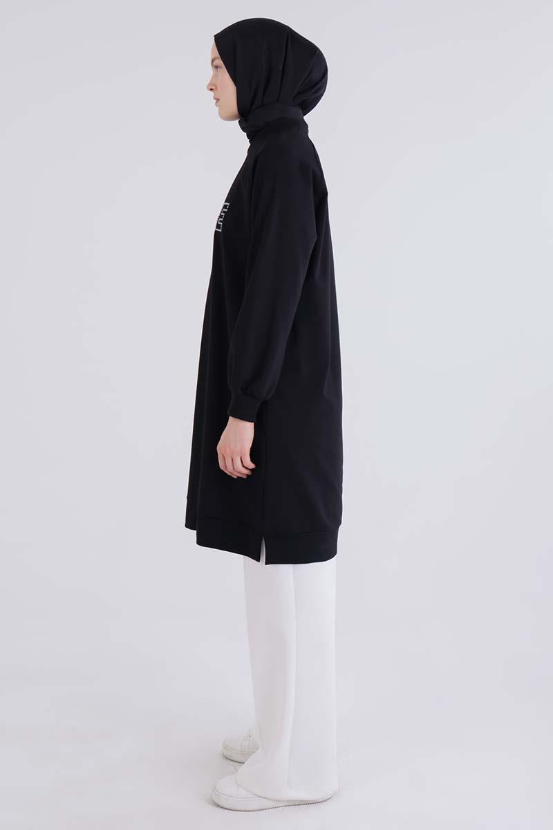 Siyah-Care Nakışlı Örme Sweat Tunik