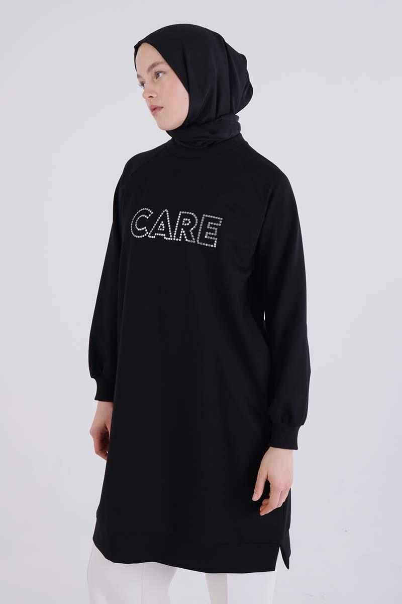 Siyah-Care Nakışlı Örme Sweat Tunik