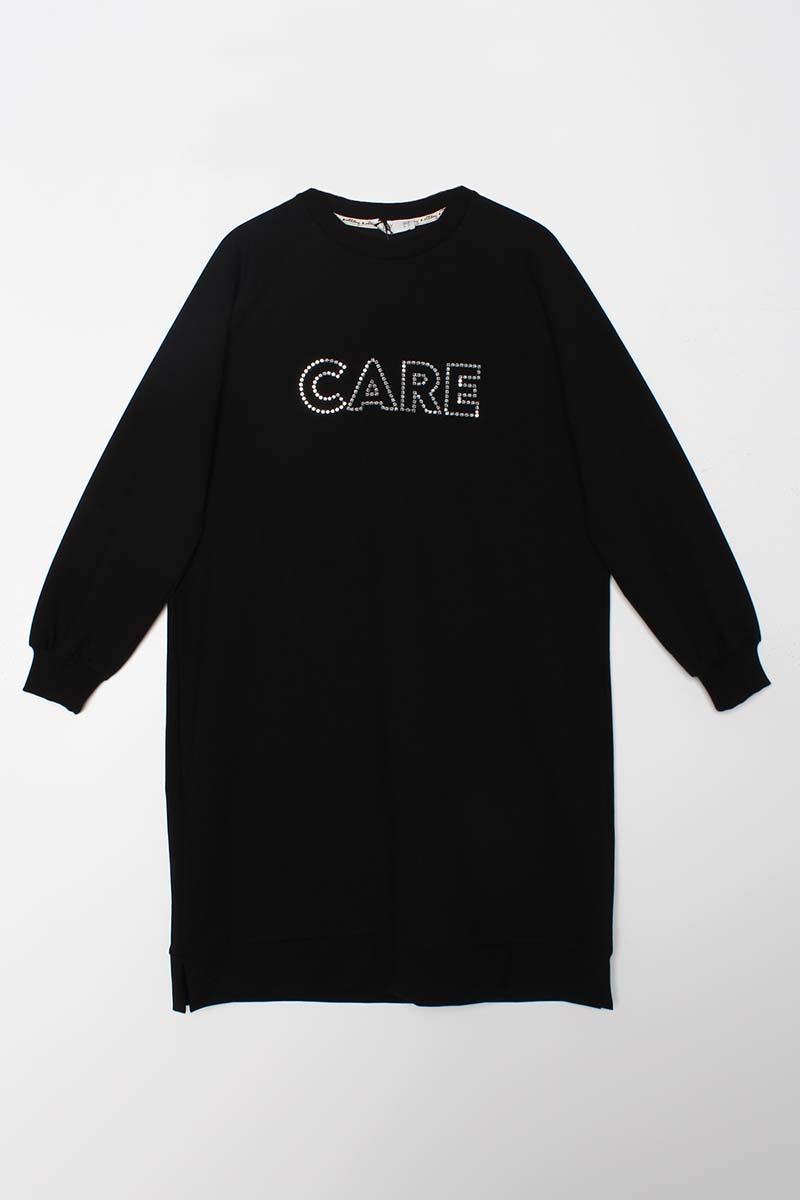 Siyah-Care Nakışlı Örme Sweat Tunik