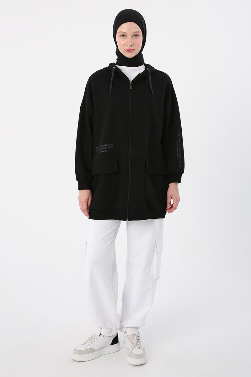 Siyah-Cepli Kapüşonlu Oversize Sweat Hırka