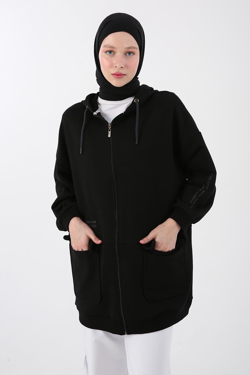 Siyah-Cepli Kapüşonlu Oversize Sweat Hırka