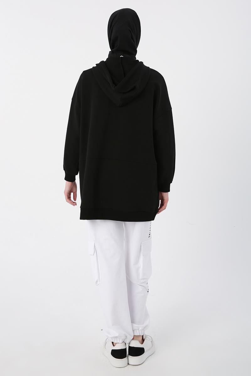 Siyah-Cepli Kapüşonlu Oversize Sweat Hırka