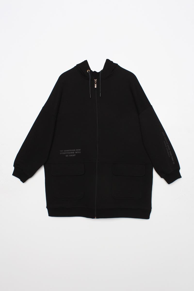 Siyah-Cepli Kapüşonlu Oversize Sweat Hırka