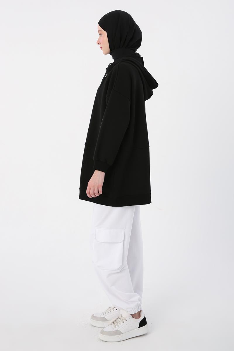 Siyah-Cepli Kapüşonlu Oversize Sweat Hırka