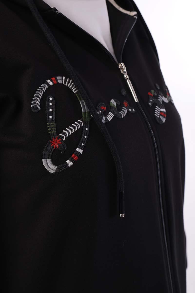 Siyah-Decigive Nakışlı Sweat Hırka