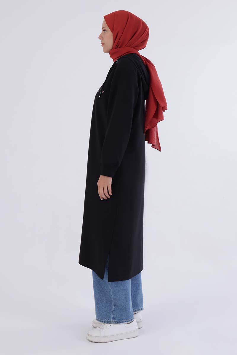 Siyah-Decigive Nakışlı Sweat Hırka
