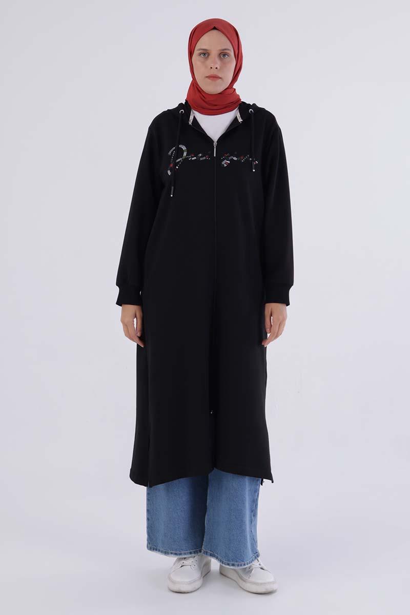 Siyah-Decigive Nakışlı Sweat Hırka