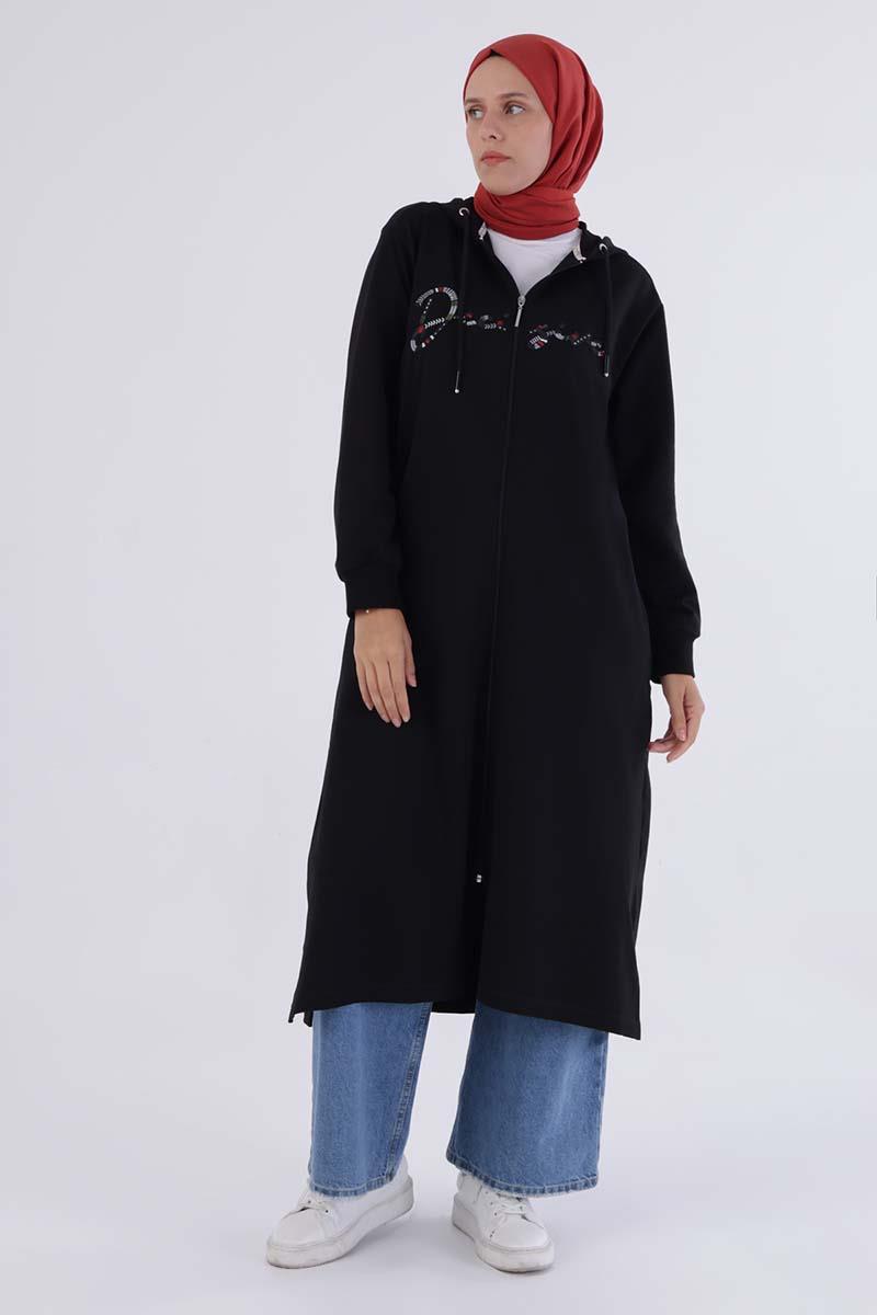Siyah-Decigive Nakışlı Sweat Hırka