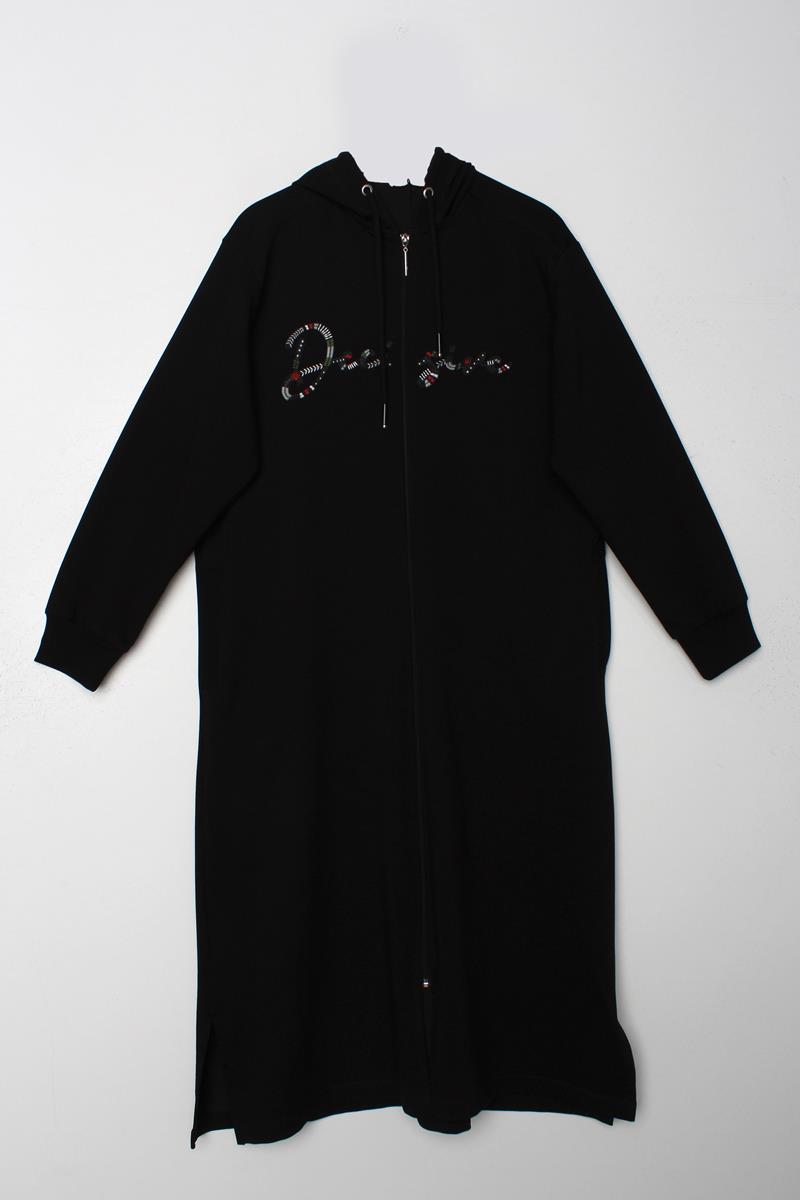 Siyah-Decigive Nakışlı Sweat Hırka