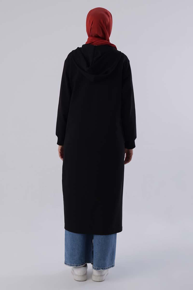Siyah-Decigive Nakışlı Sweat Hırka