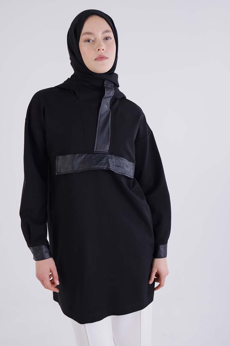 Siyah-Deri Garnili Kapüşonlu Sweat Tunik