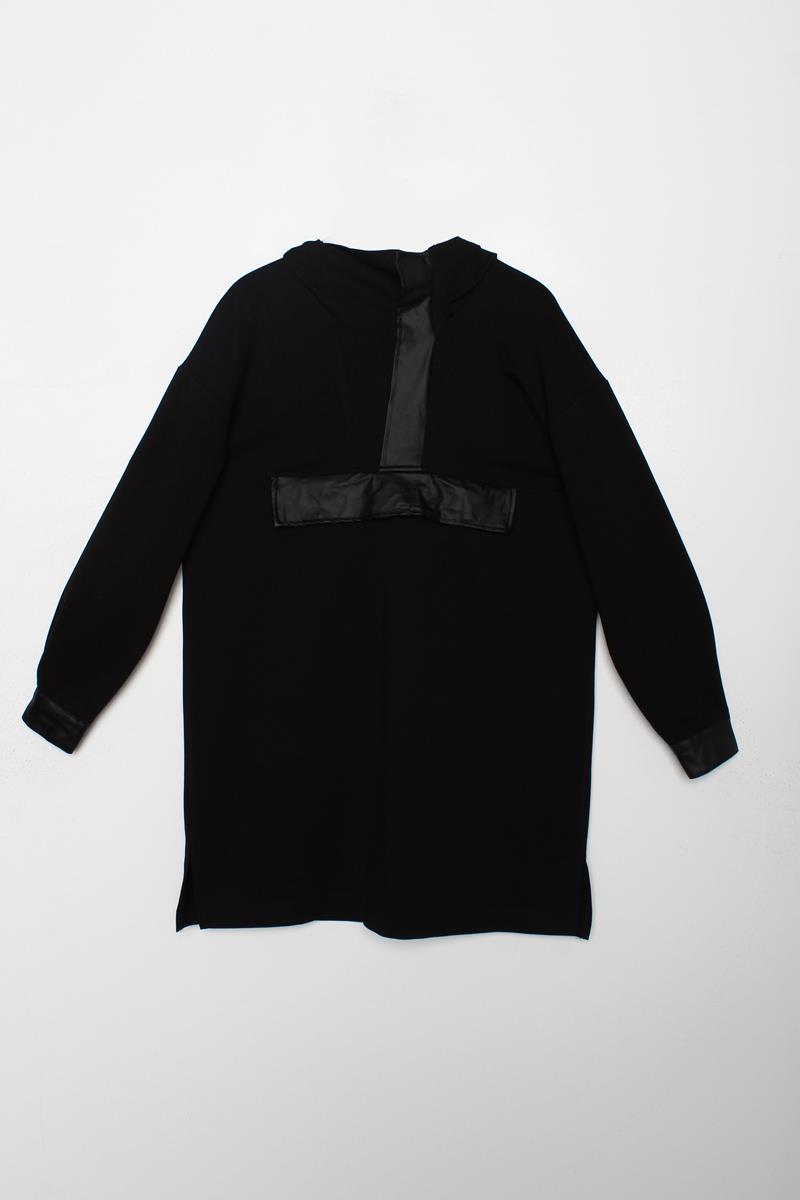 Siyah-Deri Garnili Kapüşonlu Sweat Tunik
