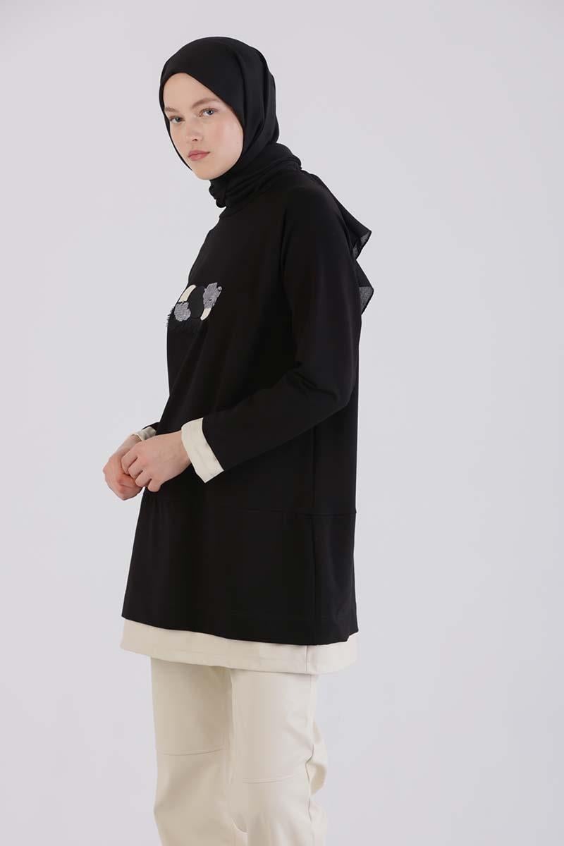 Siyah-Deri Garnili Nakışlı Tunik