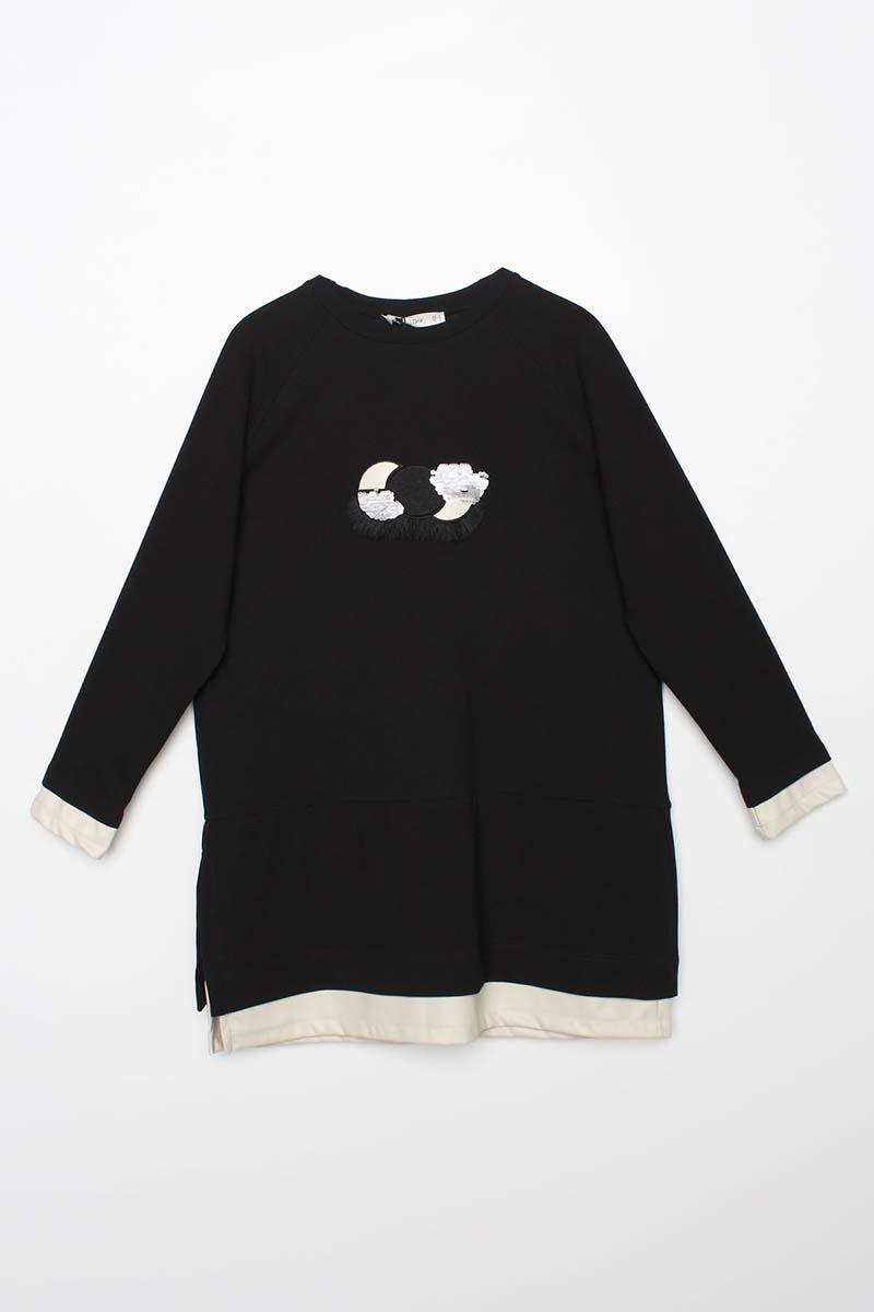 Siyah-Deri Garnili Nakışlı Tunik