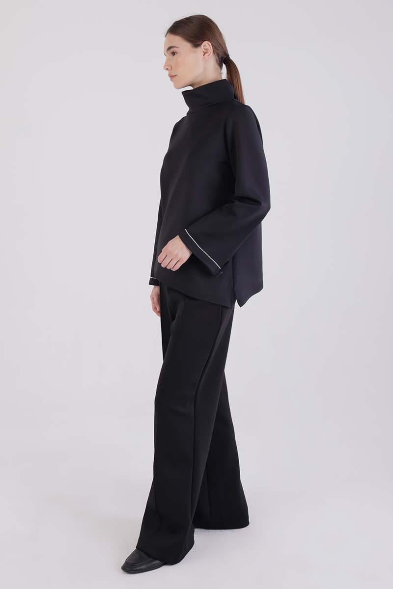 Black-High Collar Sleeve Slit Scuba Blouse